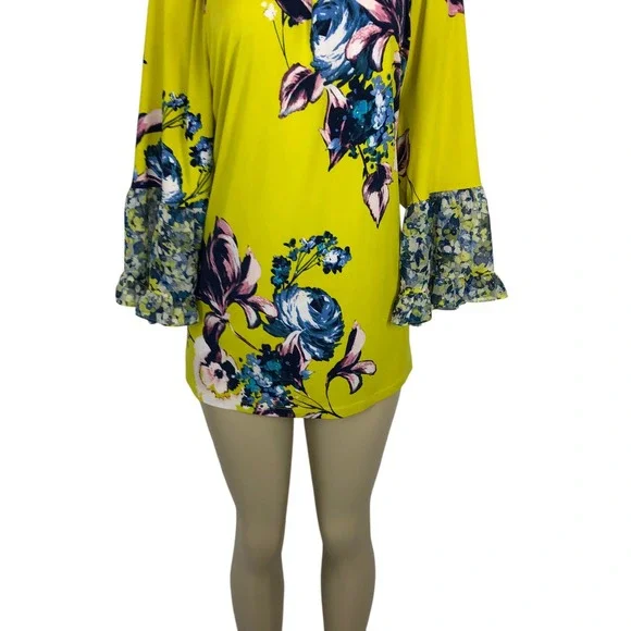 Susan Graver Floral Print Bell Sleeve Liquid Knit Tunic Top XL Boho Multicolor - Picture 3 of 10